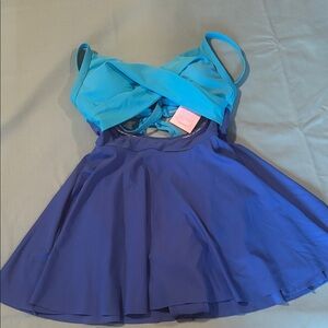 Blue Two-Tone Swim Dress - Aqua Top & Royal blue skirt. Size S
